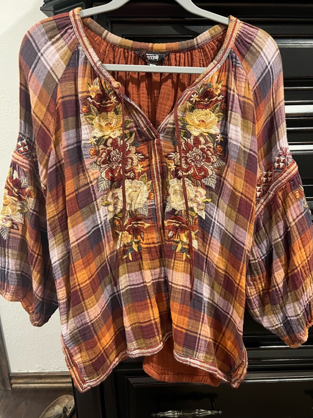 Johnny Was Boho Embroidered Plaid Peasant Top - Rust/Multi